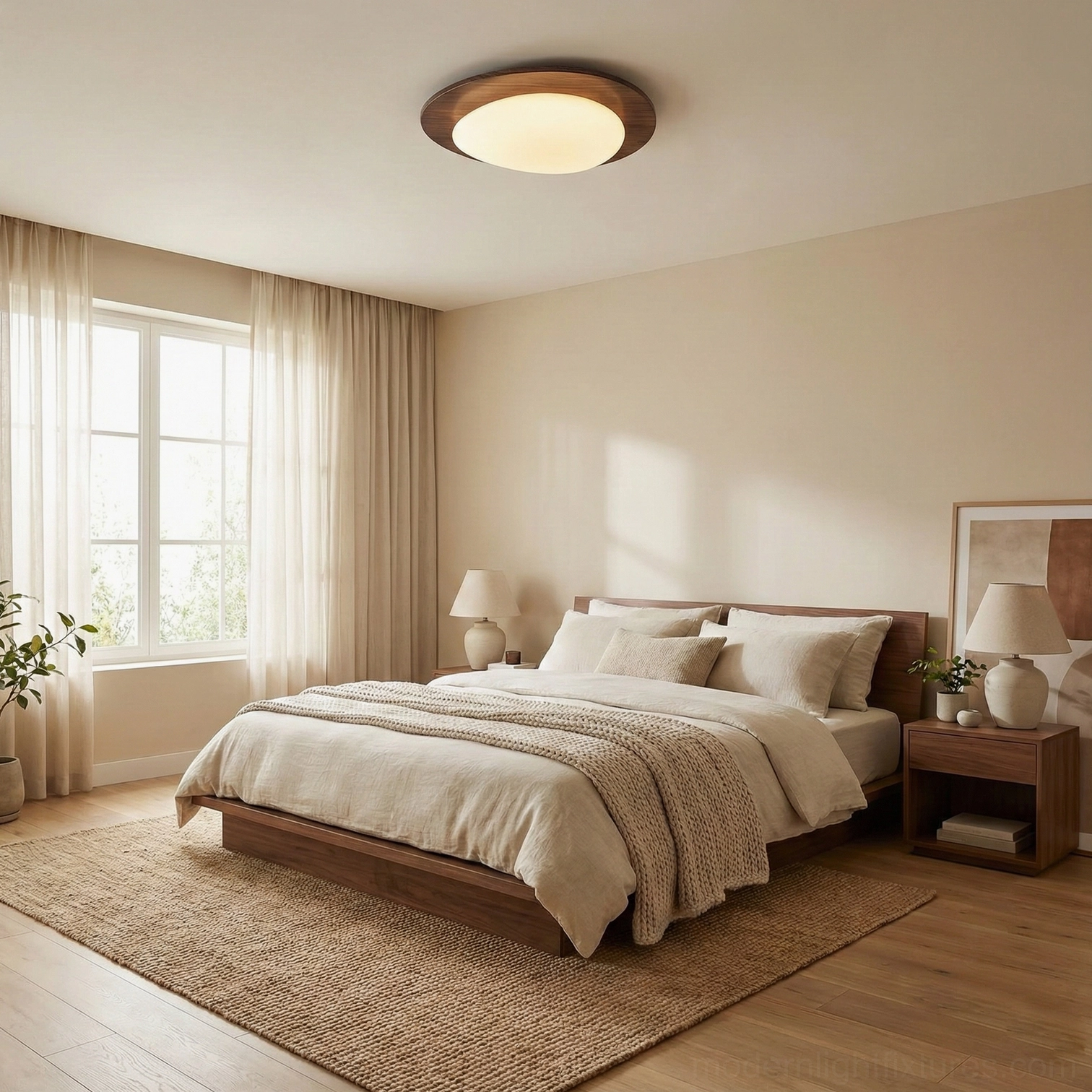 Niseko modern oval ceiling fixture in master bedroom interior with king bed and bedside furniture, Japandi home decor style