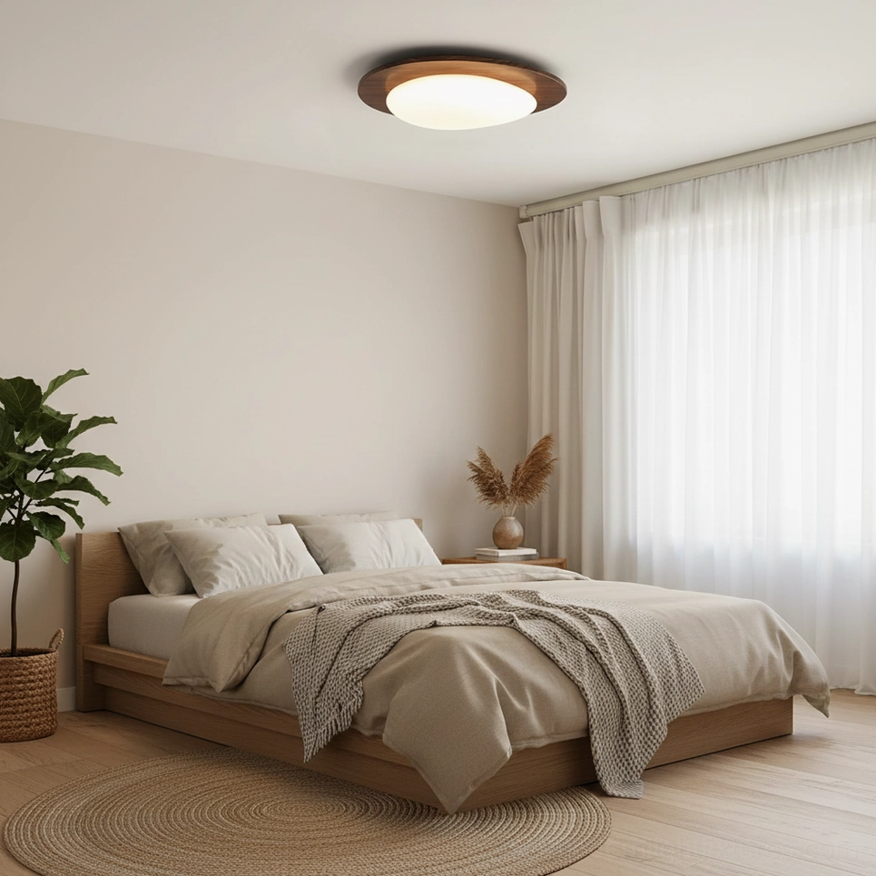 Niseko flush mount ceiling fixture in minimalist master bedroom with bed, potted plant and window curtains, calm ambiance