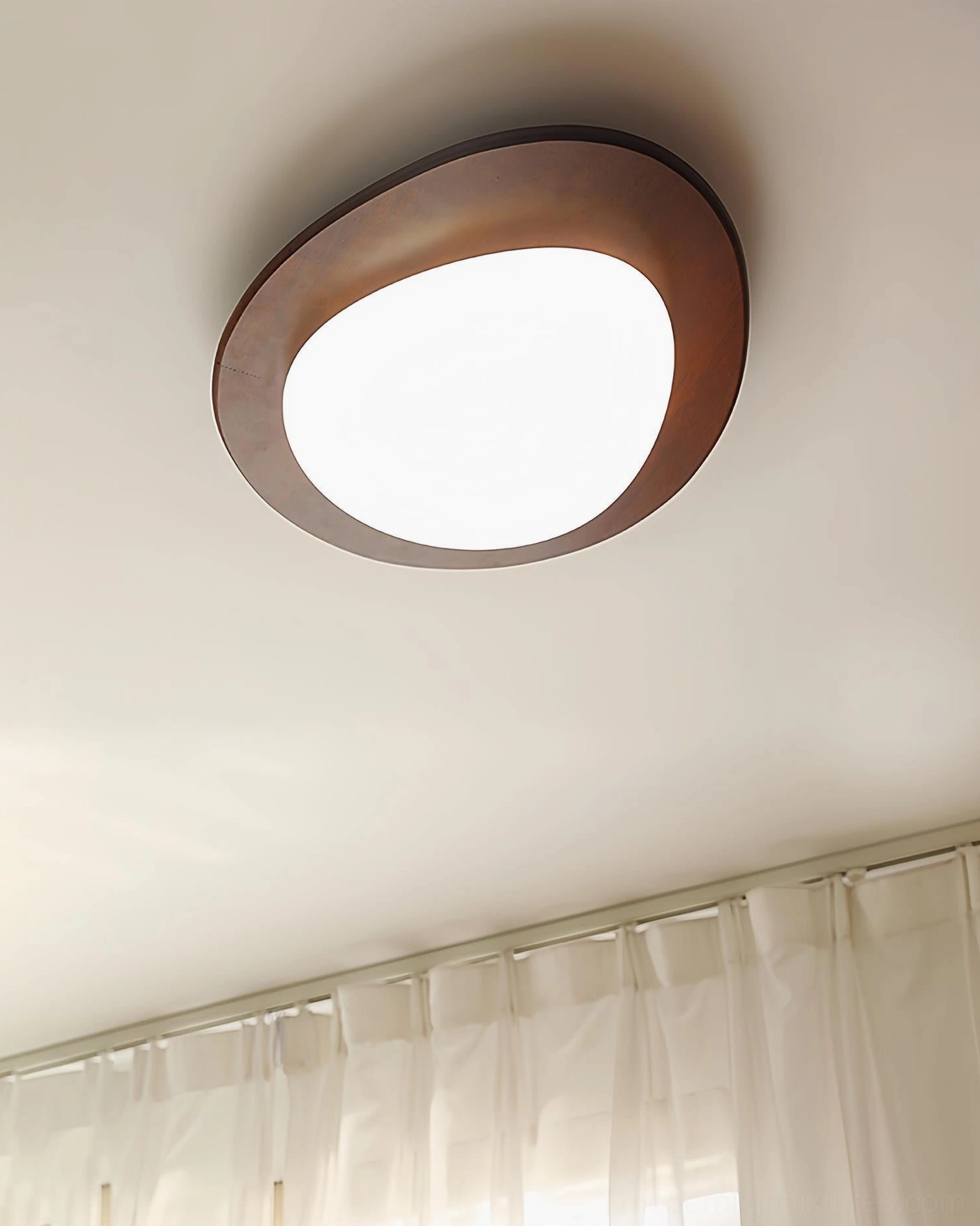 Niseko LED ceiling light product display showing walnut wood frame with white frosted acrylic light panel design