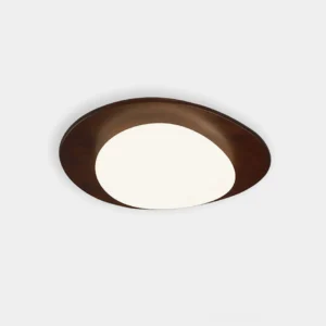 Niseko oval LED ceiling light with dark walnut wood frame and frosted white acrylic diffuser, front product view on white background