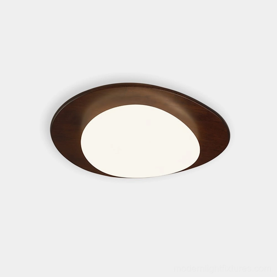 Niseko oval LED ceiling light with dark walnut wood frame and frosted white acrylic diffuser, front product view on white background