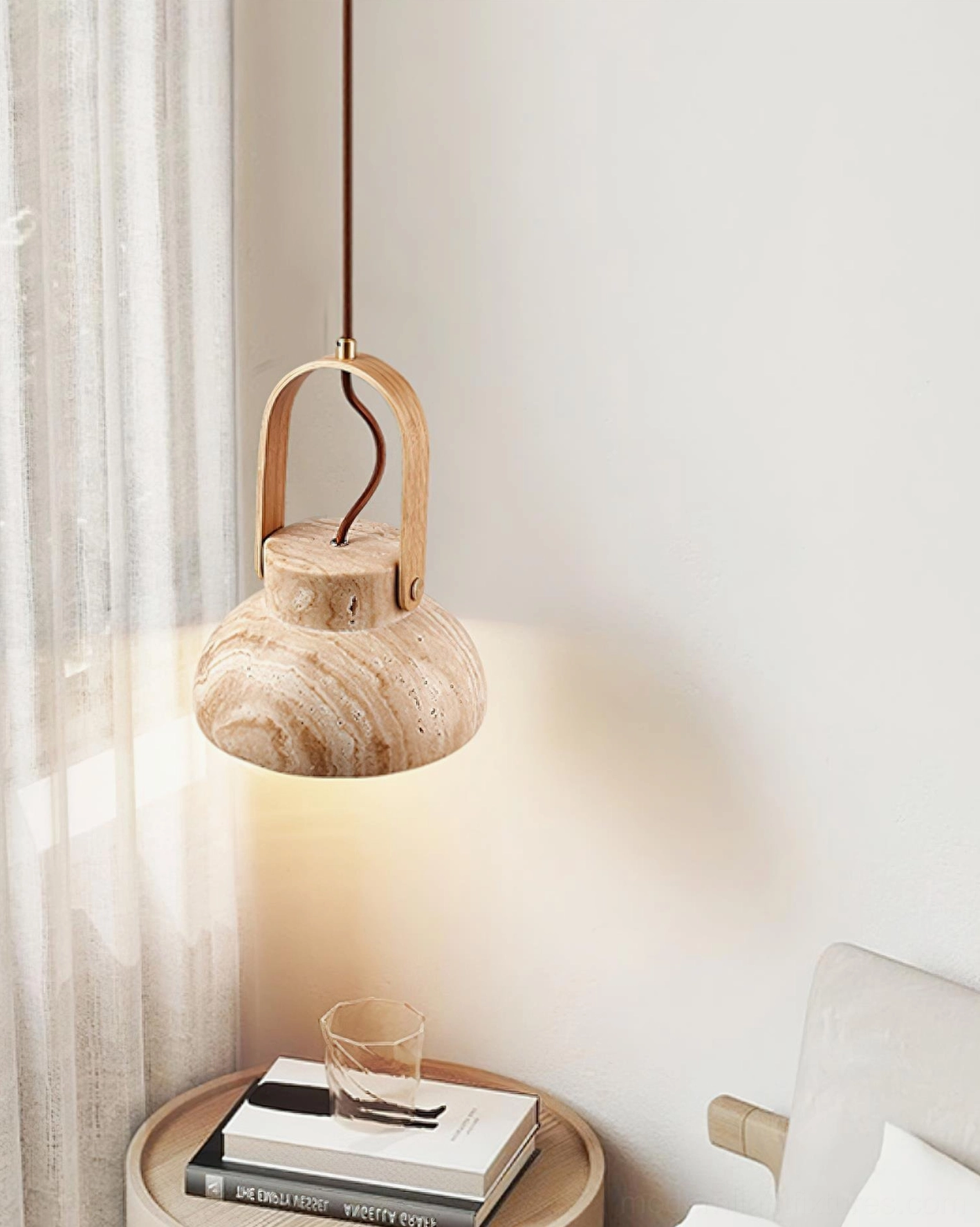 Model A Nissa travertine pendant light compact size comparison with surrounding furniture