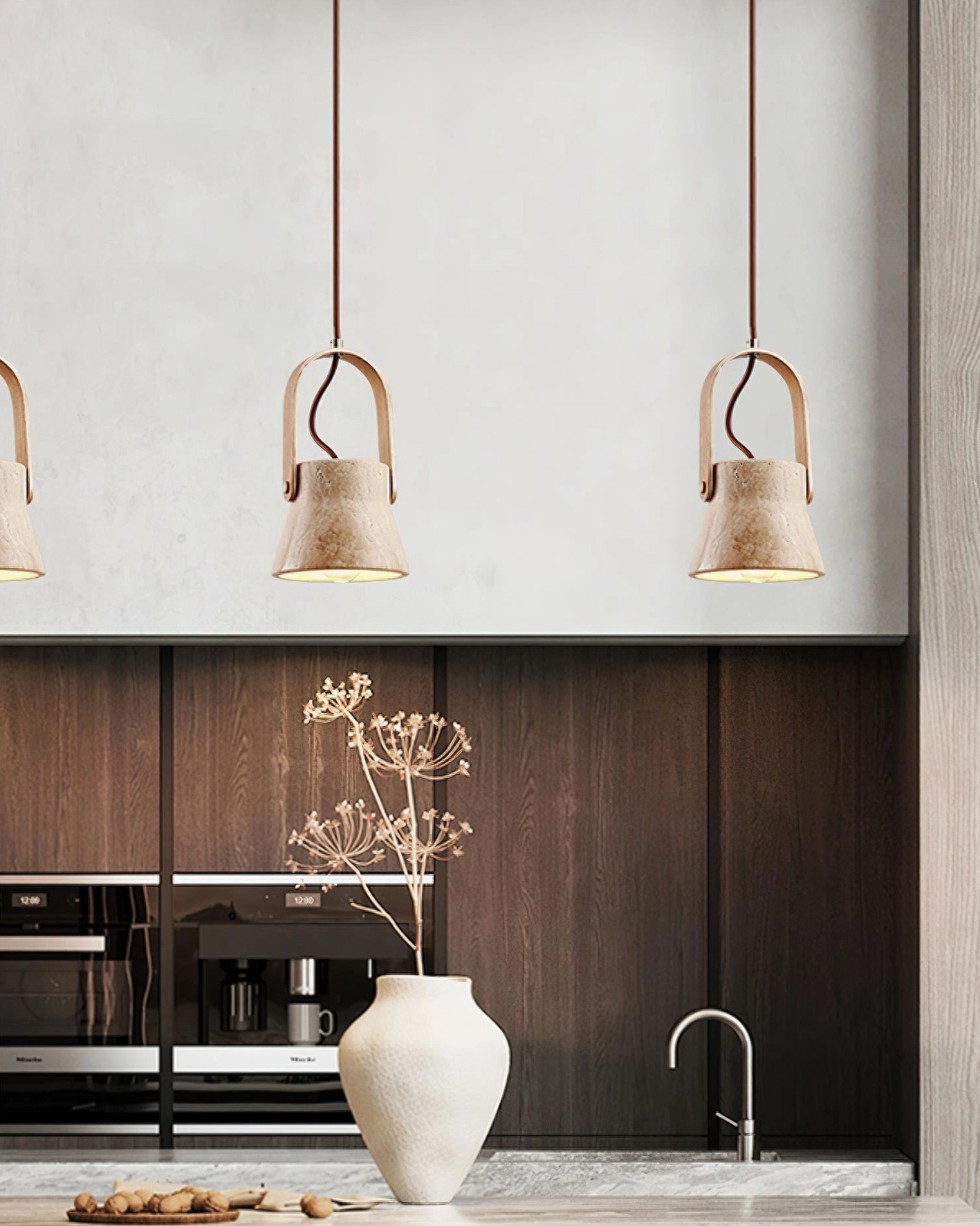Model B Nissa travertine pendant light medium size in contemporary interior setting