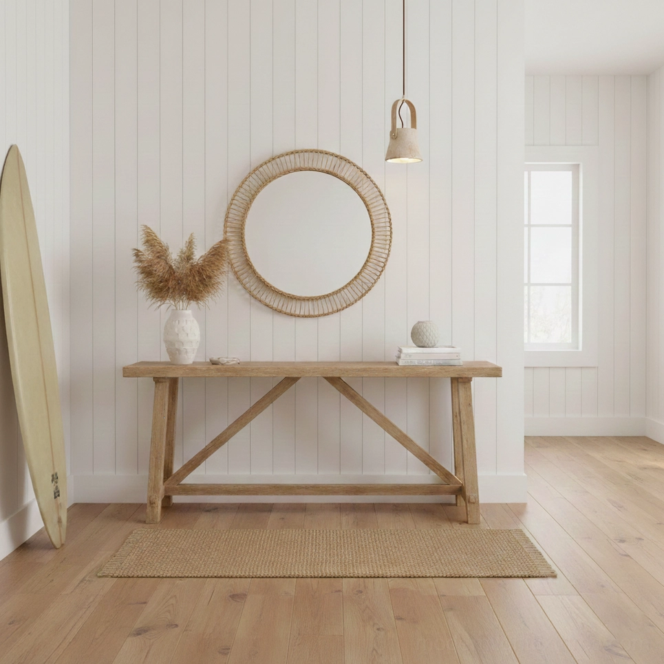 Nissa pendant light architectural detail, wood arch and stone suspension design