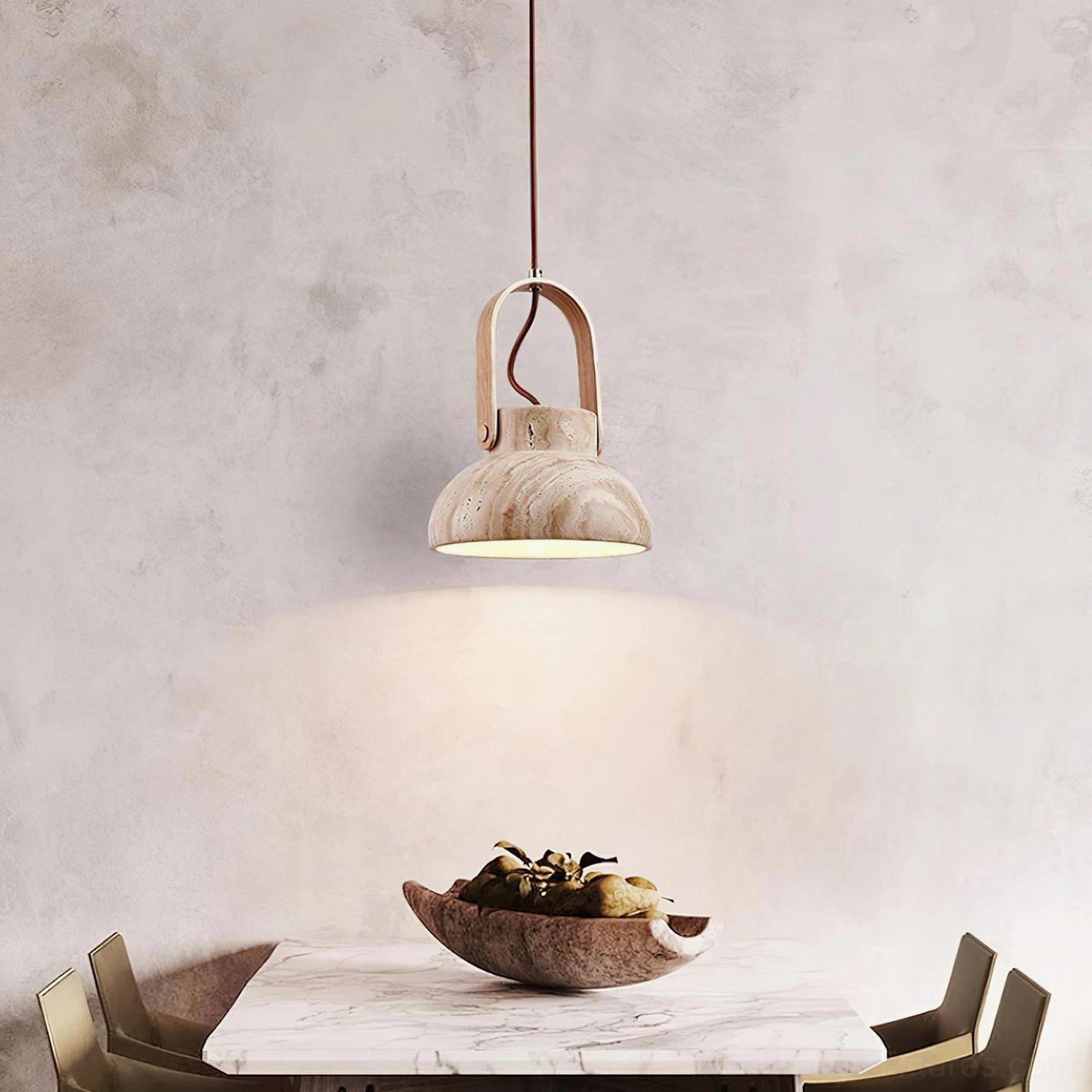 Contemporary minimalist interior with Nissa travertine pendant light as focal point