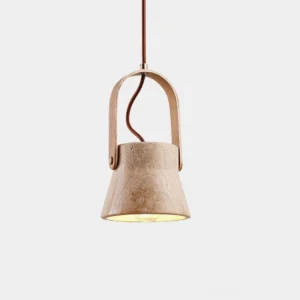 Nissa travertine pendant light with beige stone shade and natural wood arch, front view on white background