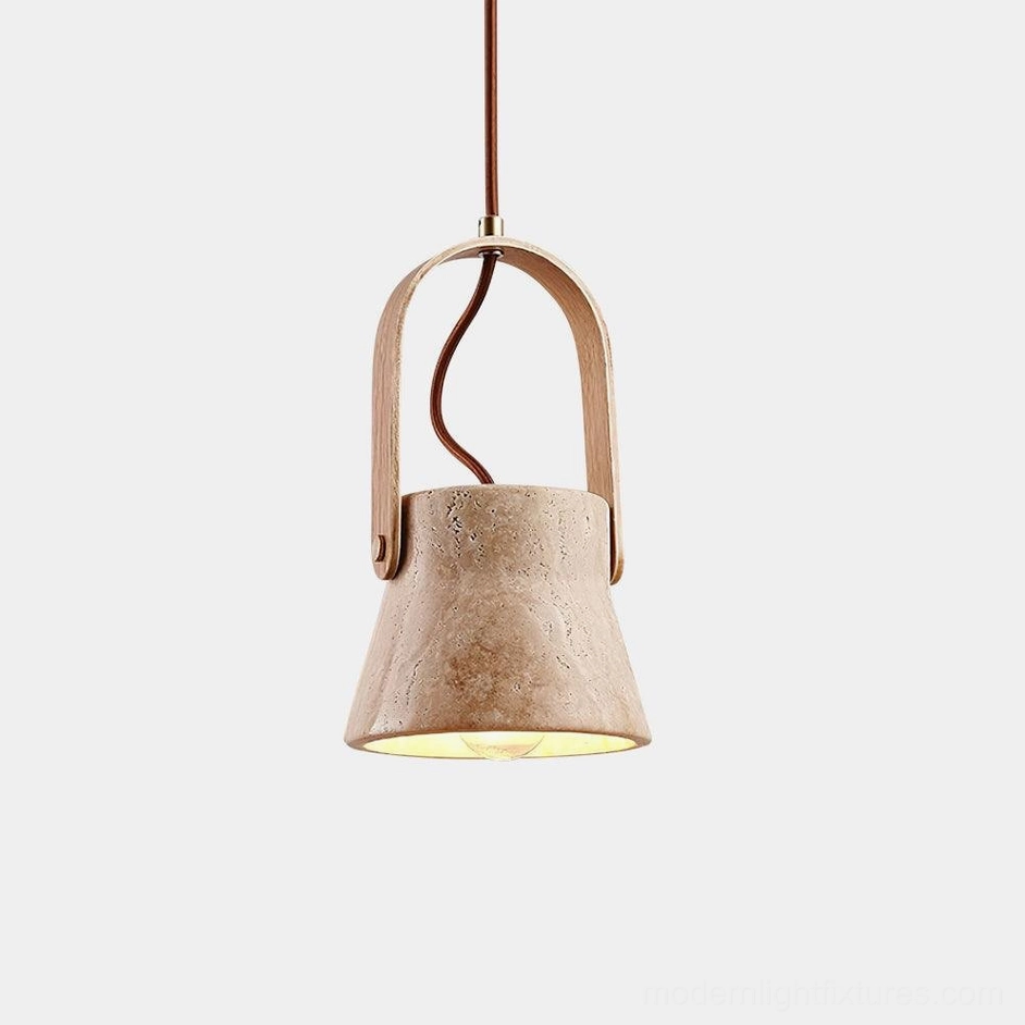 Nissa travertine pendant light with beige stone shade and natural wood arch, front view on white background