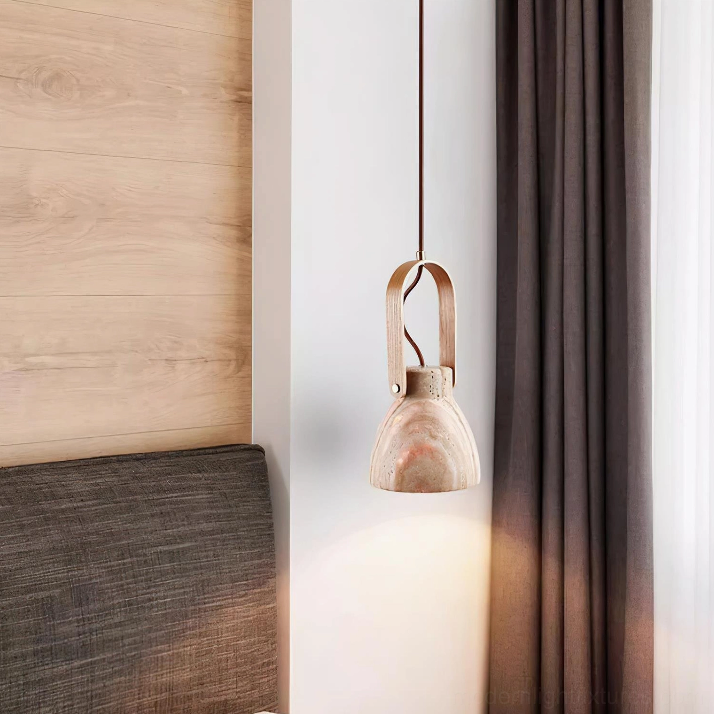 Wooden arch suspension detail of Nissa pendant light showing warm natural wood finish