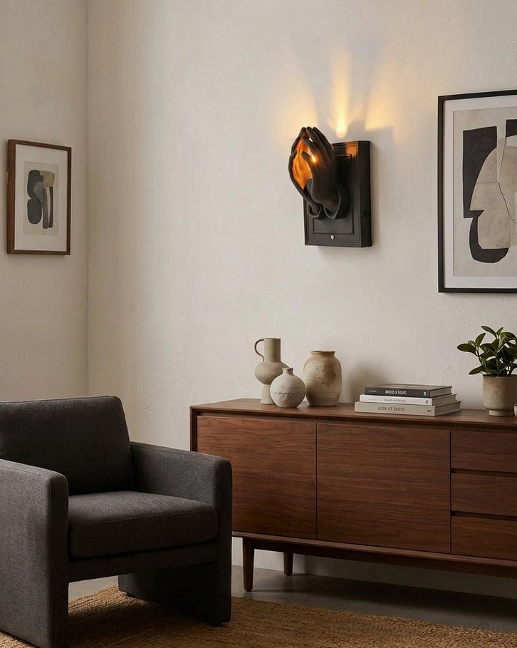Black praying hands wall sconce mounted in mid-century modern lounge next to dark wood sideboard