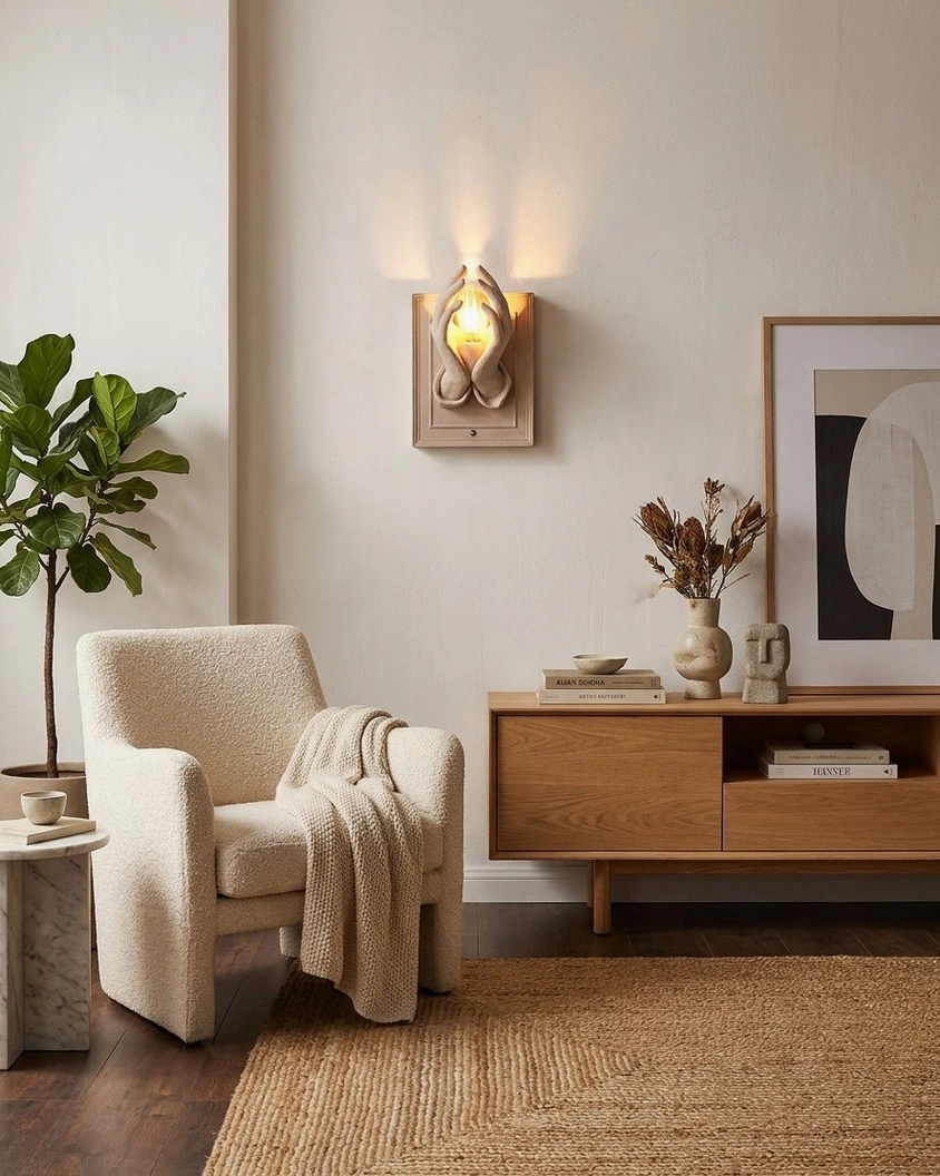 Warm-toned sculptural wall lighting fixture in beige with organic curved glowing design