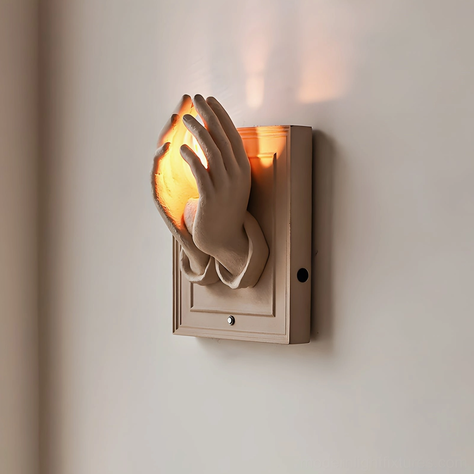Noctara beige wall sconce with praying hands design in minimalist contemporary interior