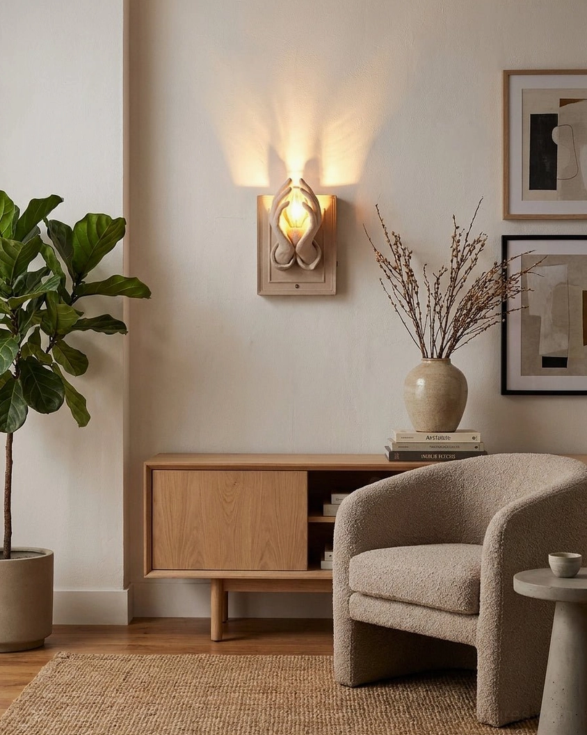 Beige minimalist wall sconce with sculptural curved light design in contemporary living space