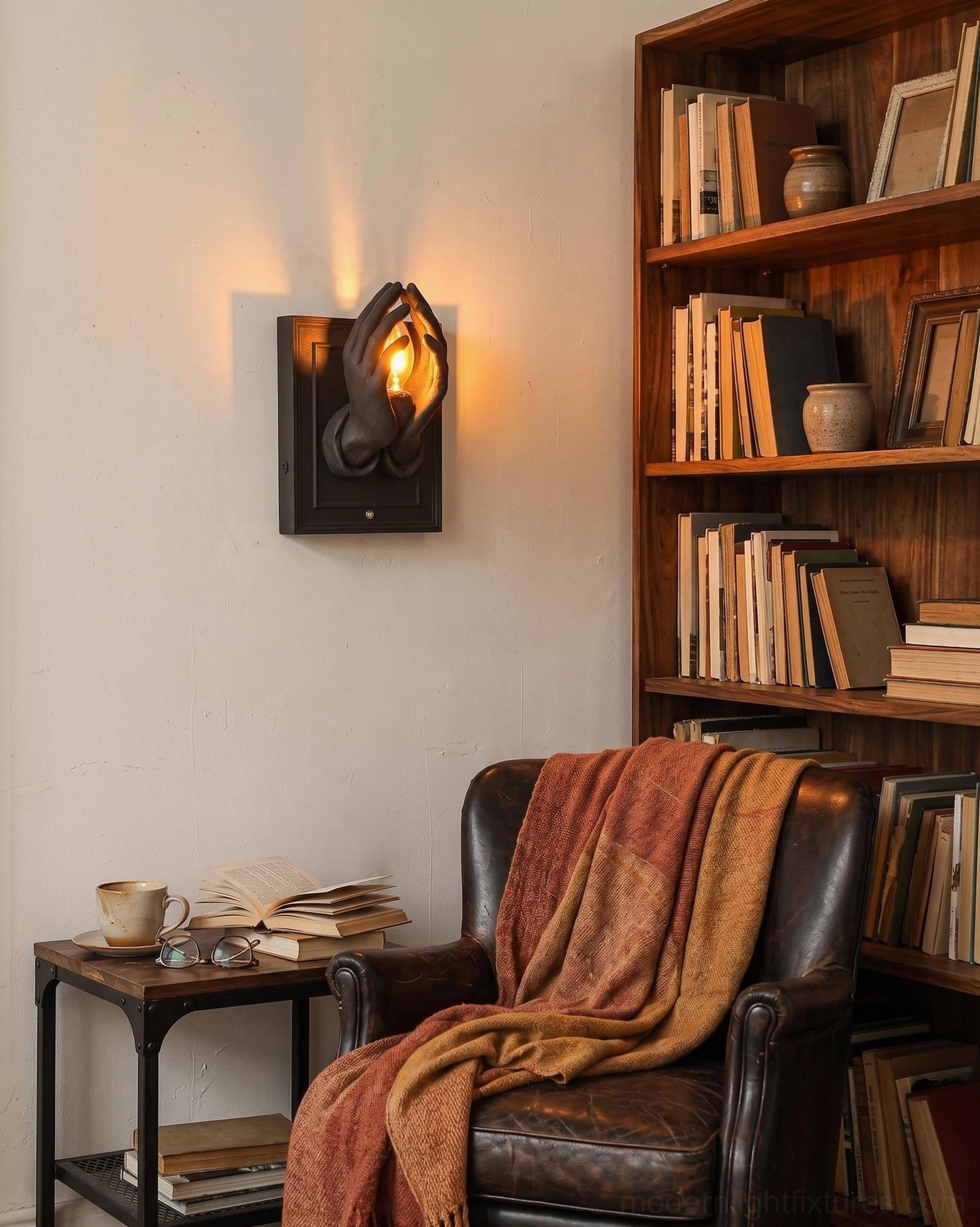 Modern praying hands wall sconce positioned above wooden study desk in home library with bookshelves
