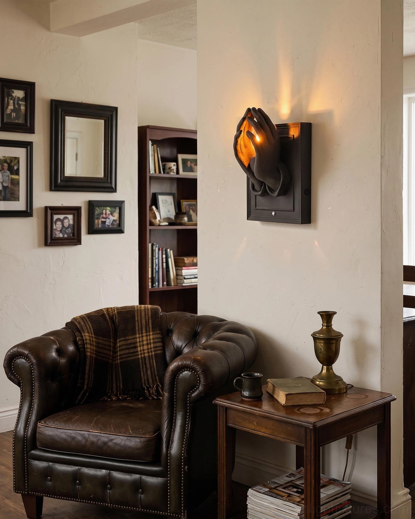 Noctara wall sconce installed in traditional living room with leather chesterfield armchair and dark furnishings