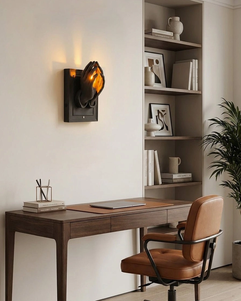 Contemporary sculptural wall sconce above wooden work desk in home office with architectural lighting