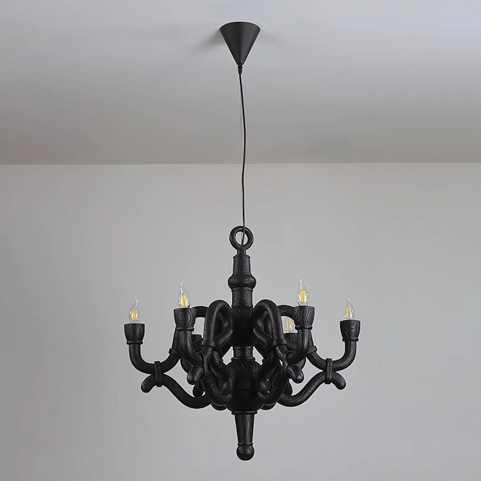 Nocturne matte black knotted chandelier six-arm sculptural form contemporary lighting design