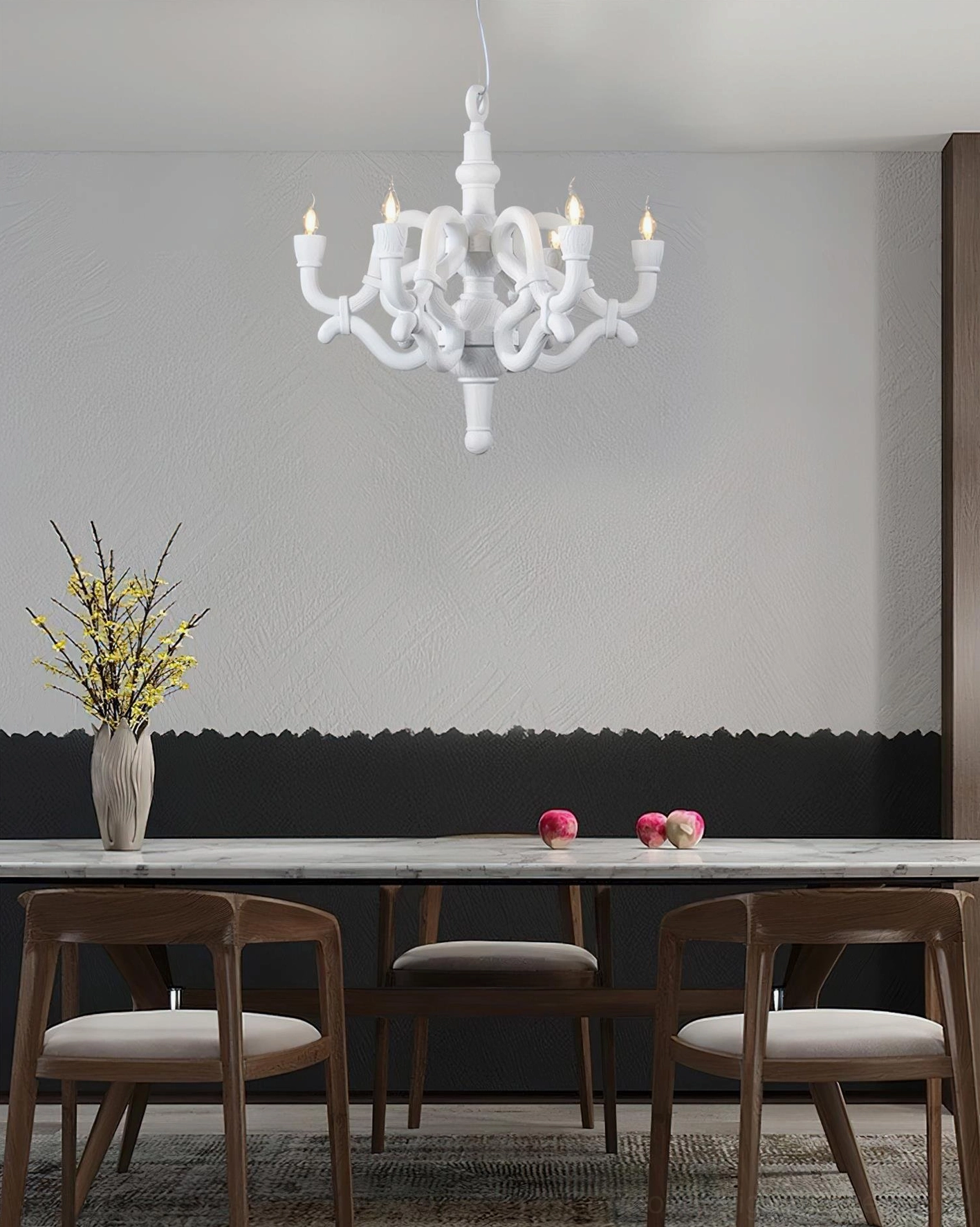 White knotted chandelier modern dining room warm ambient lighting contemporary pendant fixture