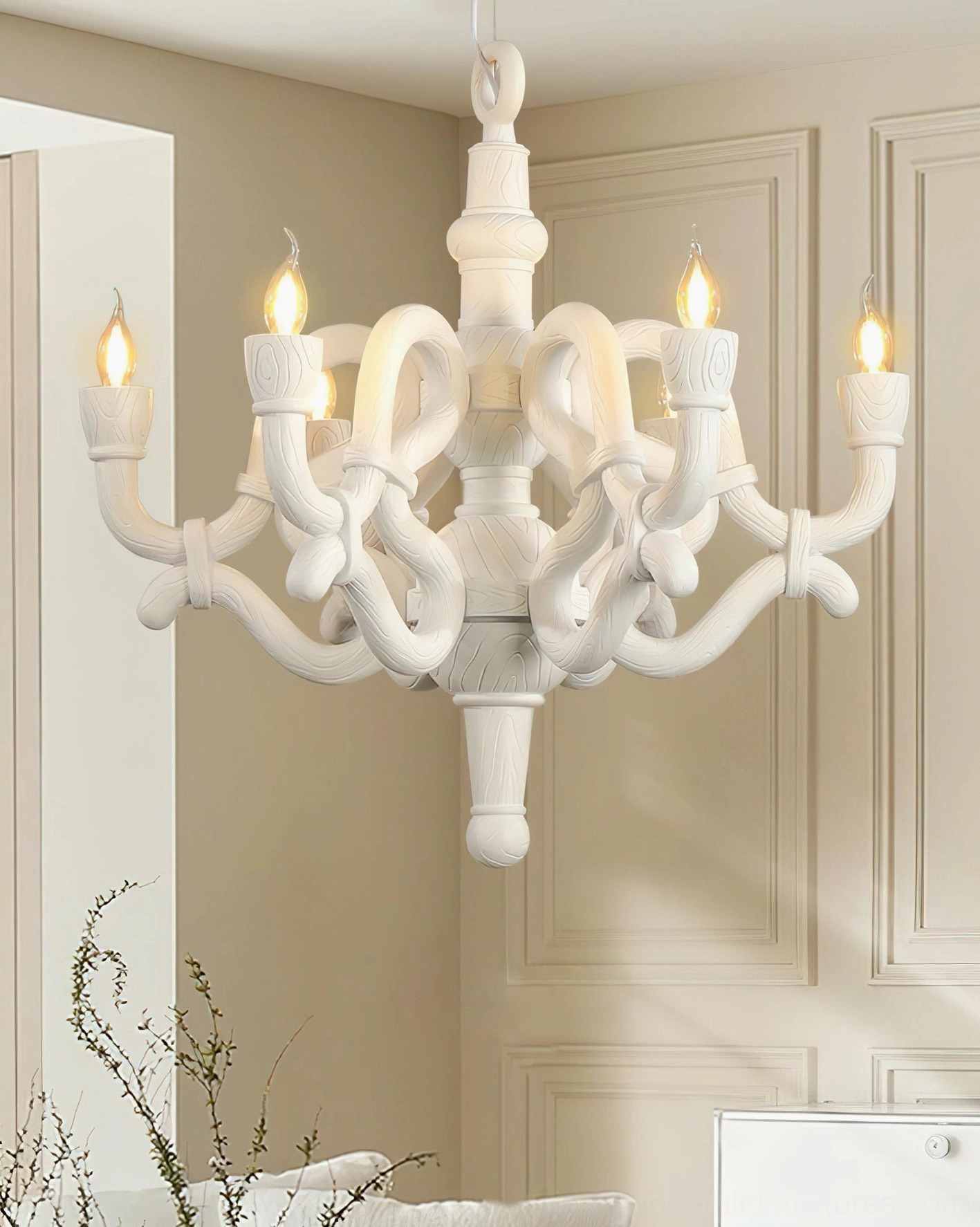 White matte knotted candle chandelier French-style paneled room illuminated modern pendant