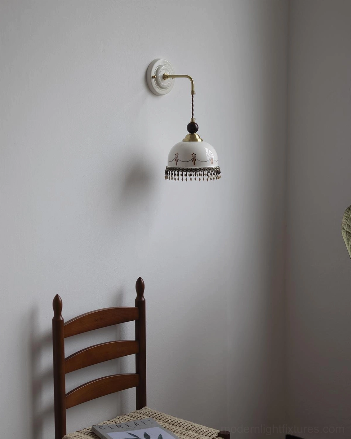 Noemi brown and white ceramic wall sconce, antique brass fittings, vintage European design inspiration, hand-painted details