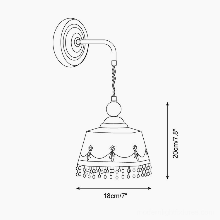 Noemi wall lamp technical schematic drawing, orthographic front view, dimension 18cm wide 20cm tall, retro ceramic shade design