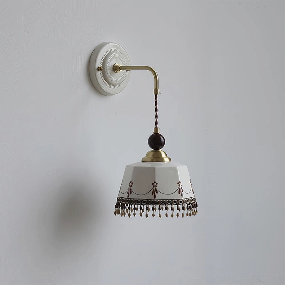 Model A Noemi vintage wall lamp, 18cm wide 20cm tall, hand-painted ceramic, brass and wood accents, artsanal lighting fixture