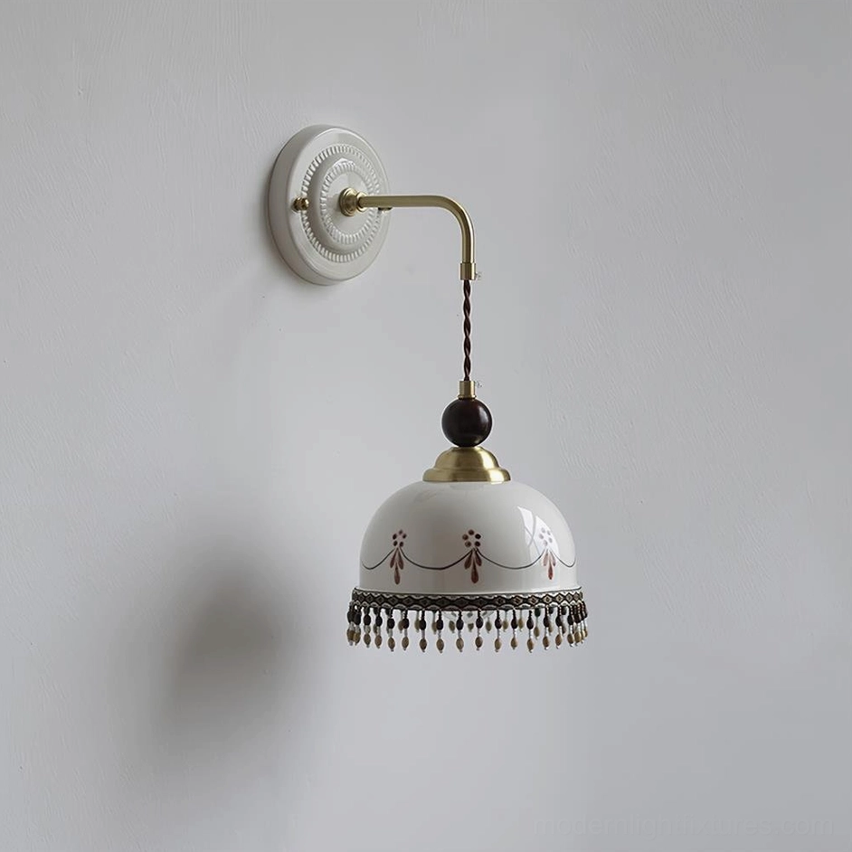 Model B Noemi brown and white ceramic wall sconce, 18cm width 20cm height, vintage brass hardware, decorative beaded fringe