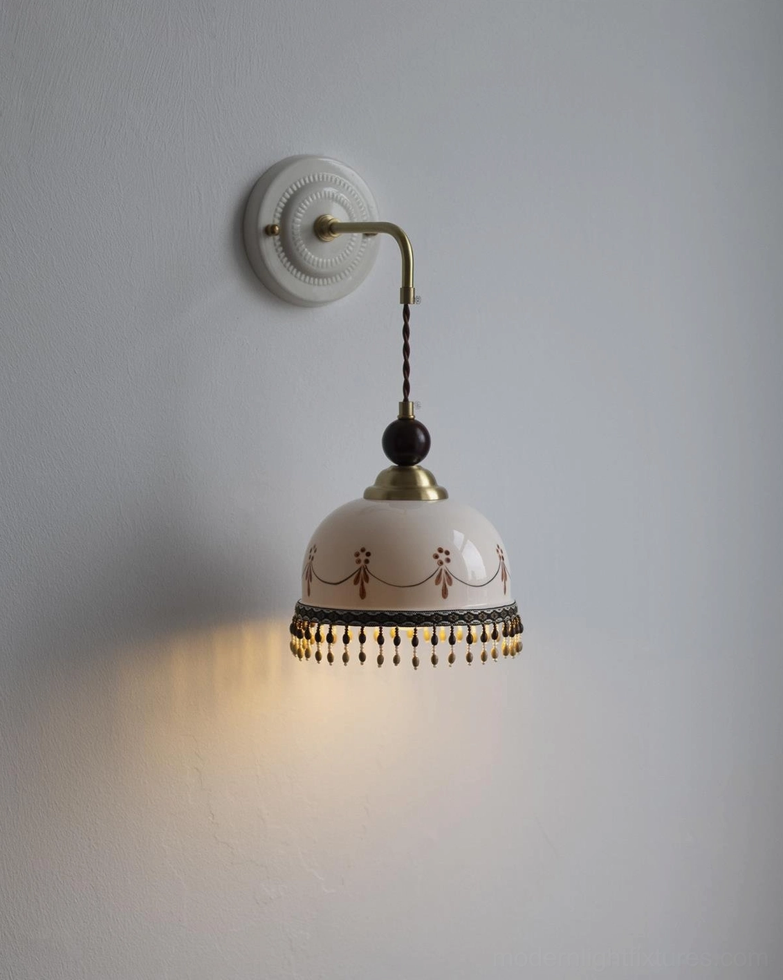 Noemi wall lamp hallway installation, Art Deco inspired design, brass and ceramic craftsmanship, transitional modern aesthetic