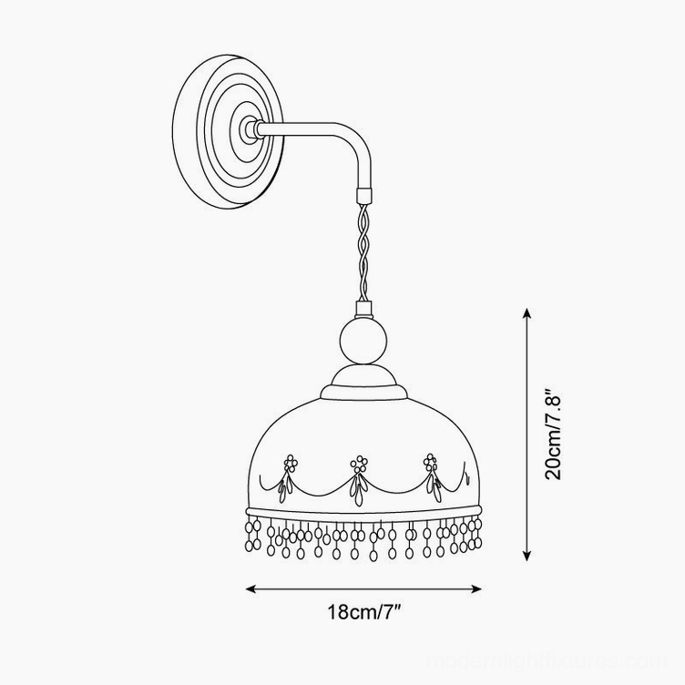 Alternative Noemi wall lamp design schematic, wider dome ceramic shade, orthographic technical drawing, same dimensions and tassel trim