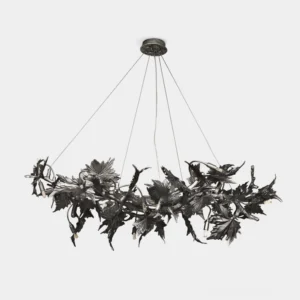 Noirfolia black leaf chandelier overhead studio view with hand-formed metal foliage design and matte black finish
