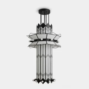 Noirline Art Deco column chandelier front view featuring white acrylic body with black geometric chevron patterns, star-shaped mid tier, and toothed metal crown