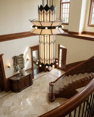 Noirline chandelier installed in grand wooden entry hall with warm ambient lighting and Art Deco black metal accents