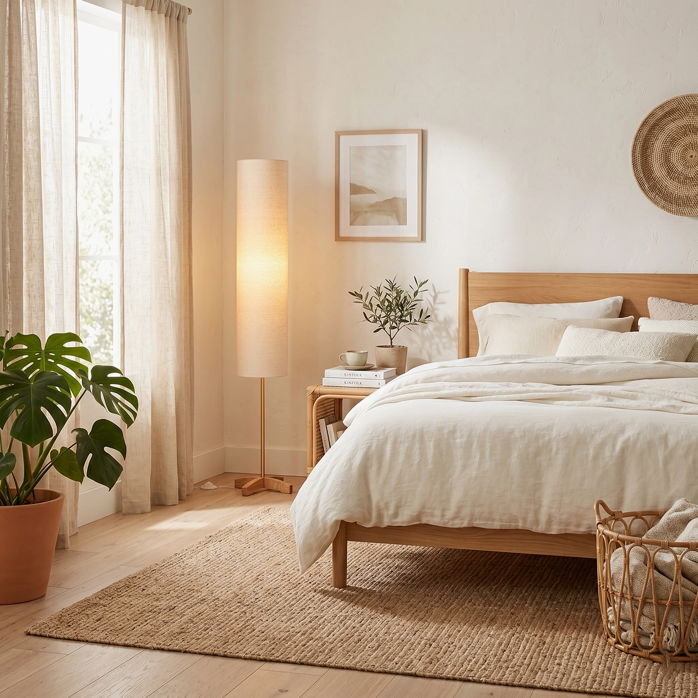 Nomi scandinavian floor lamp detail shot cylindrical beige fabric shade craftsmanship
