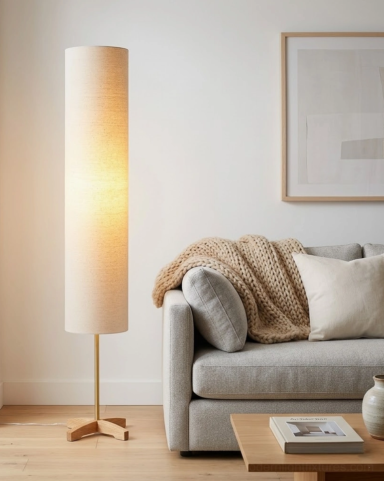 Nomi minimalist floor lamp modern living room grey sofa neutral contemporary interior design