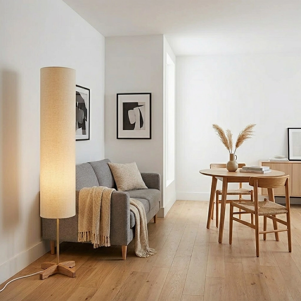 Nomi minimalist floor lamp wooden tripod base detail organic natural wood finish