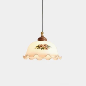 Nonna floral pendant light with scalloped frosted glass shade and hand-painted botanical design, front view studio shot