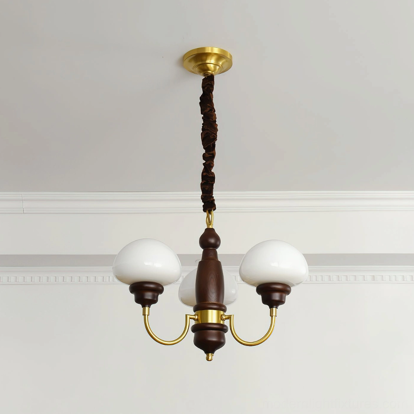 Nonna three head mushroom chandelier walnut wood white glass compact size