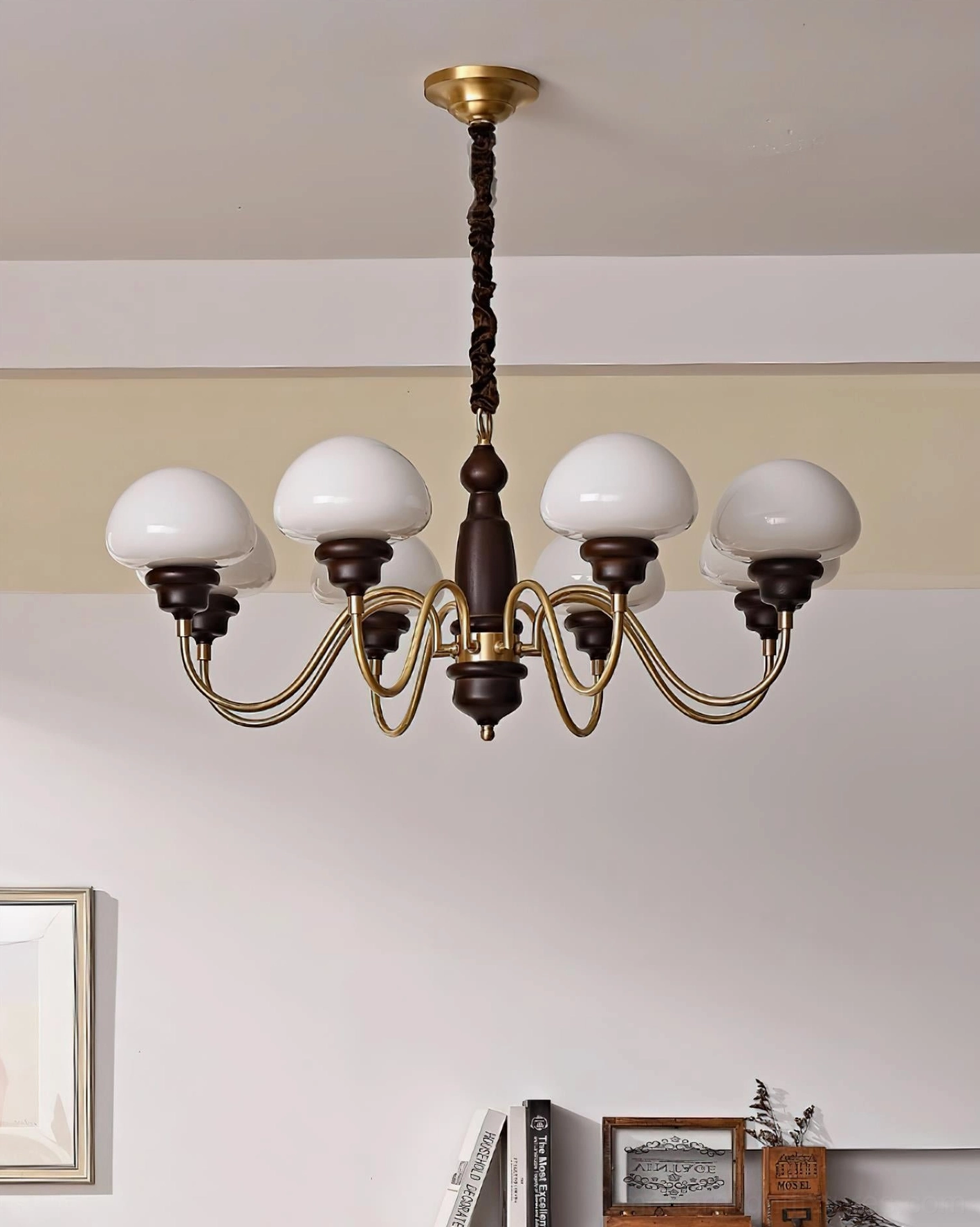 Six head mushroom chandelier standard dining room configuration installation