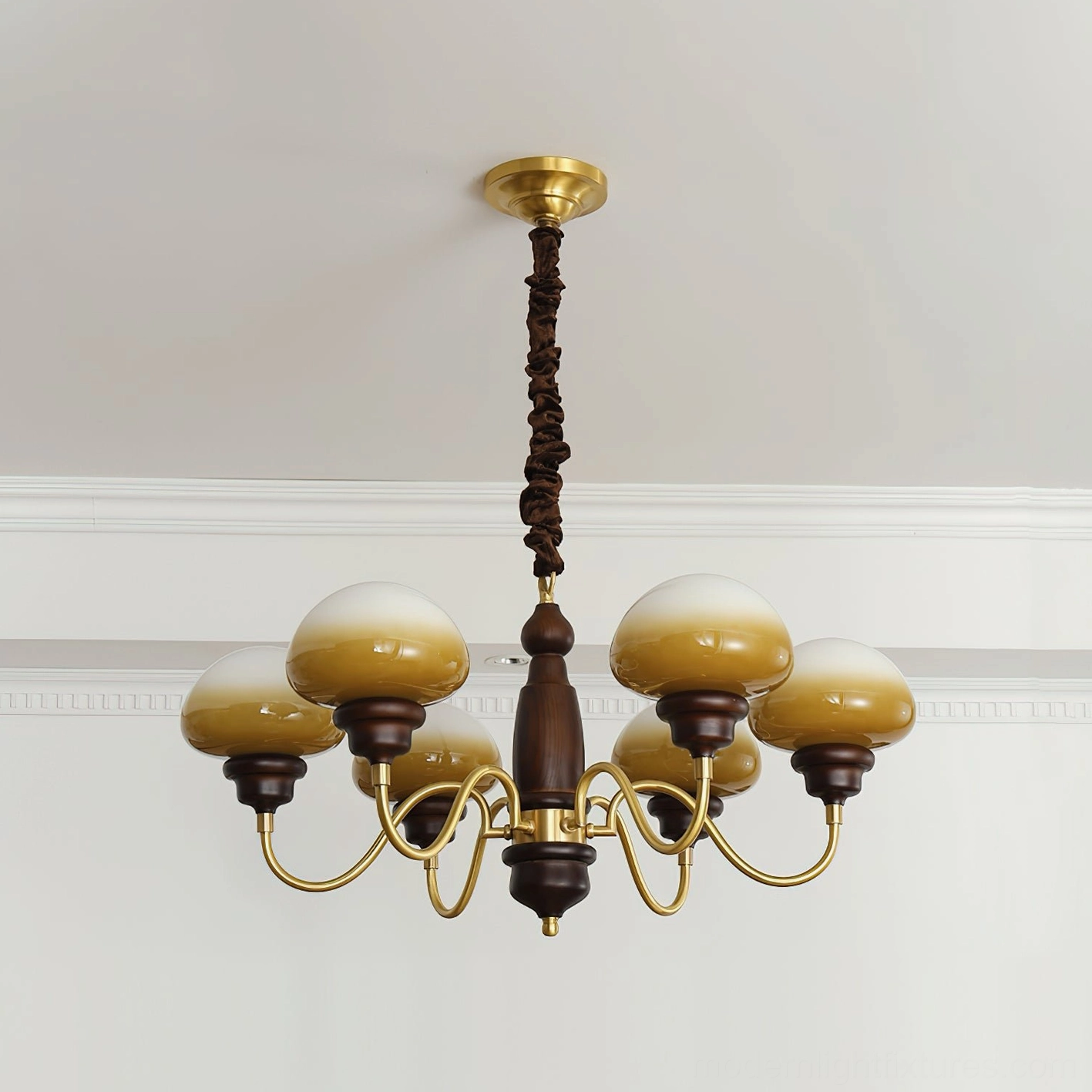 Six head mushroom chandelier in modern living space mid-century design aesthetic