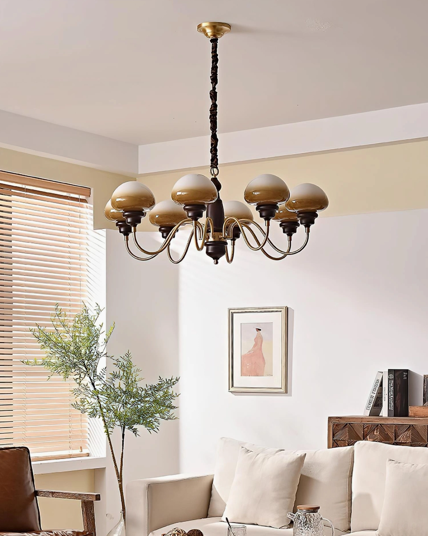 Vintage style eight head mushroom chandelier gradient caramel glass assembly