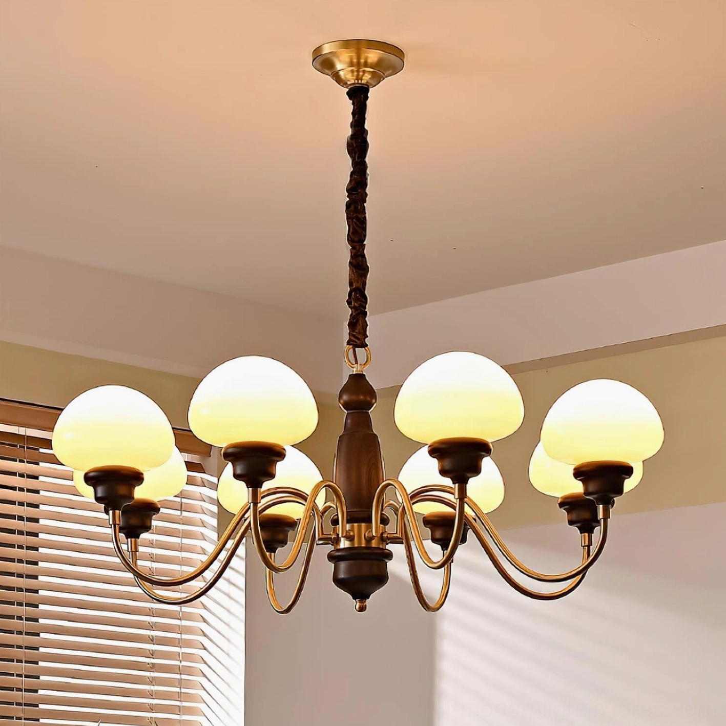 Close-up studio shot of mushroom chandelier window side with twisted dark wood column
