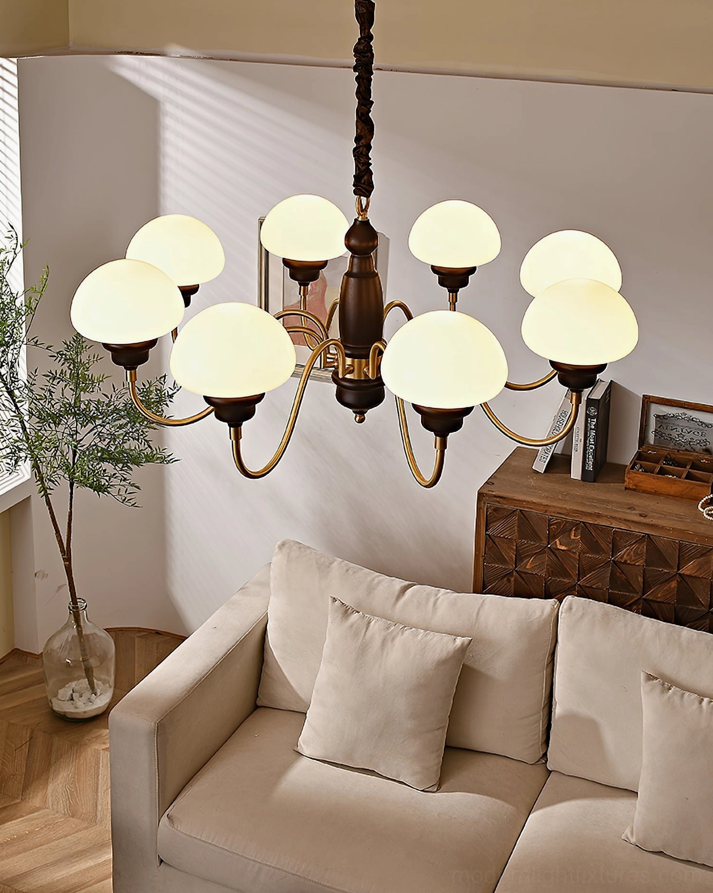 Eight head mushroom chandelier in mid-century lounge with dark wood frame and amber glass shades