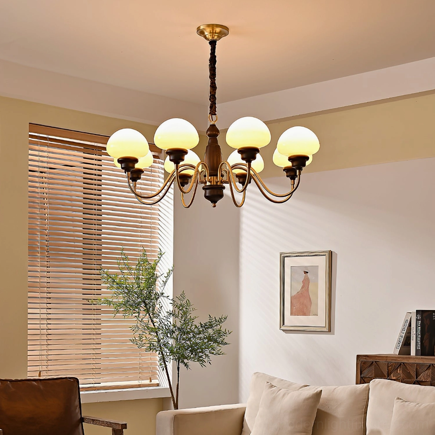 Mushroom chandelier globe detail showing frosted glass light diffusion quality