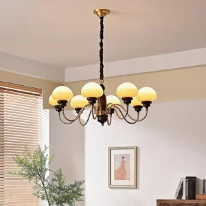 Vintage mushroom chandelier installed in warm-toned living room with twisted walnut wood spiral
