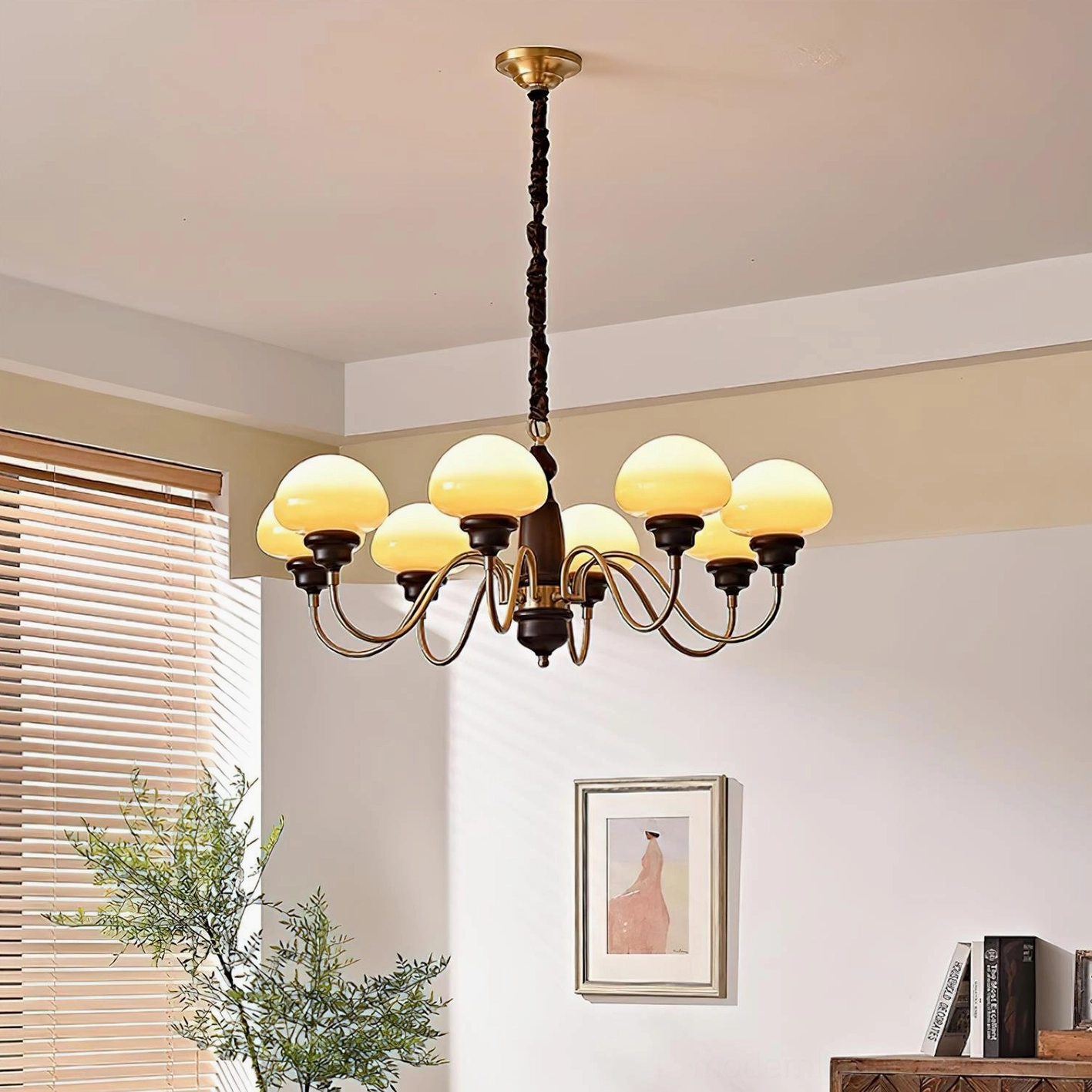 Vintage mushroom chandelier installed in warm-toned living room with twisted walnut wood spiral