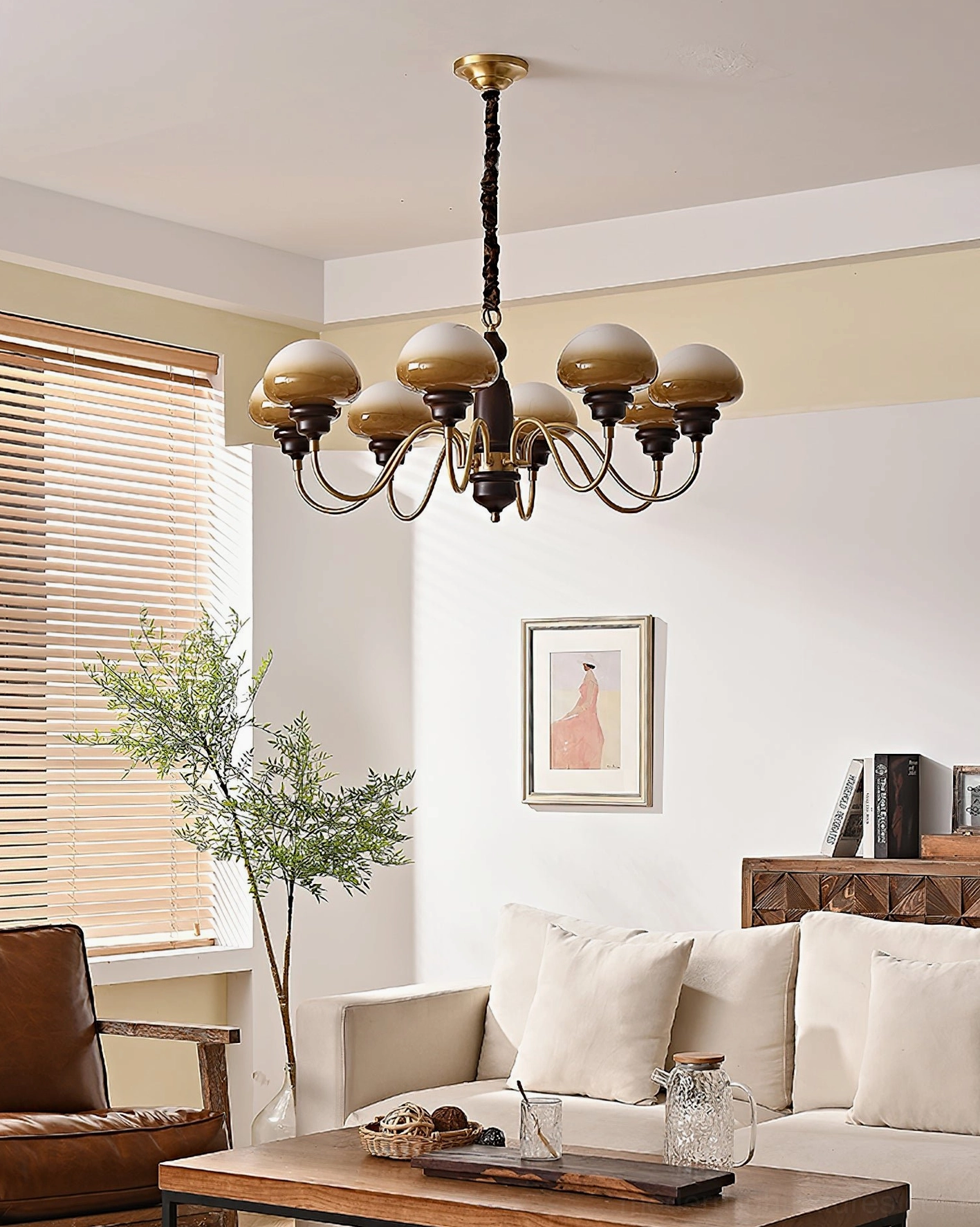 Nonna vintage mushroom chandelier showing walnut wood and brass metal construction