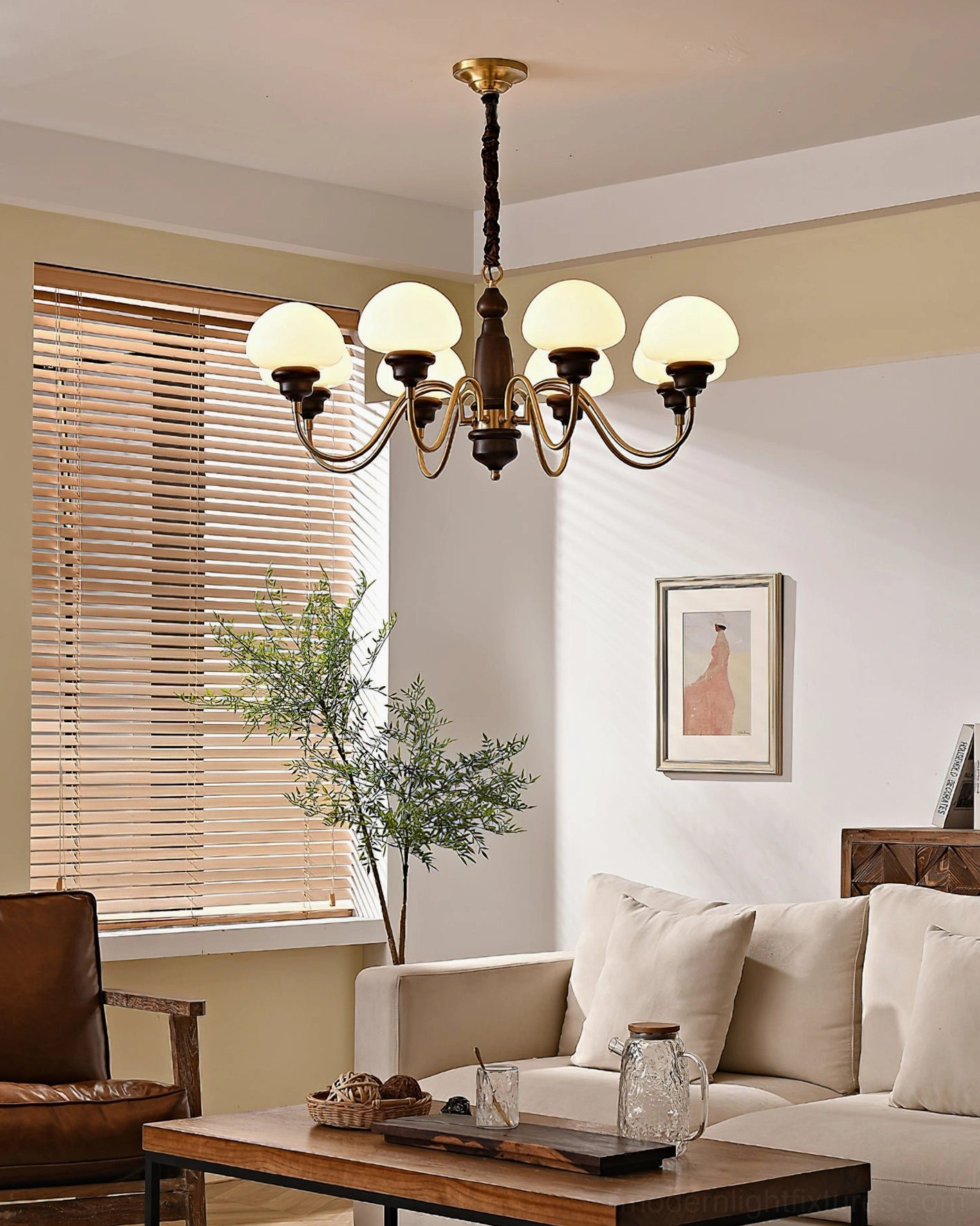Nonna mushroom chandelier in full living room scene with warm amber glass glow