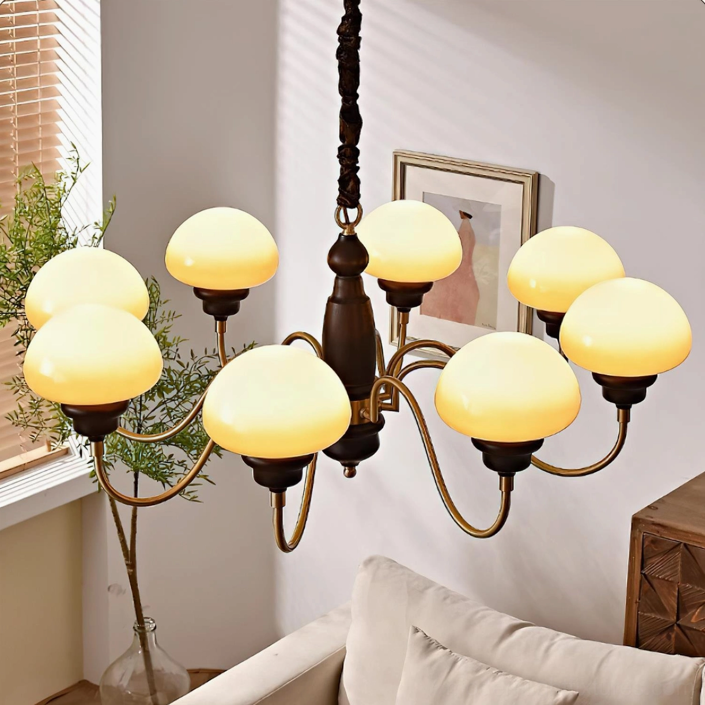 Vintage style mushroom chandelier side view in living room showing brass hardware details