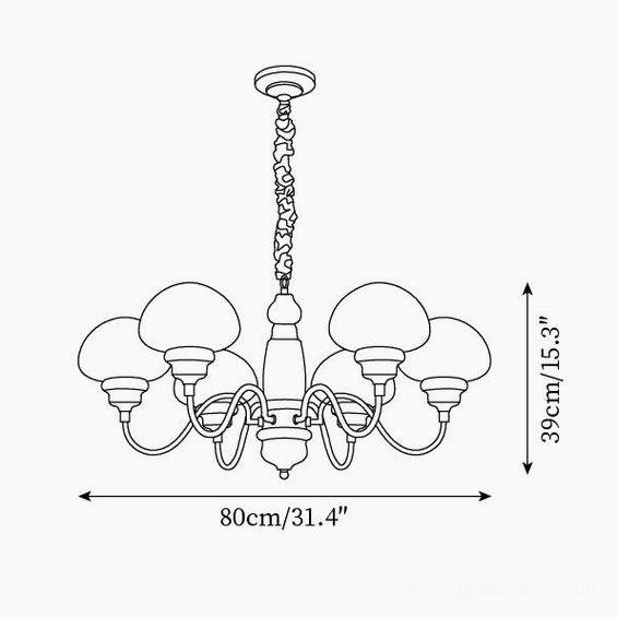 Eight head mushroom chandelier technical drawing with dimension specifications