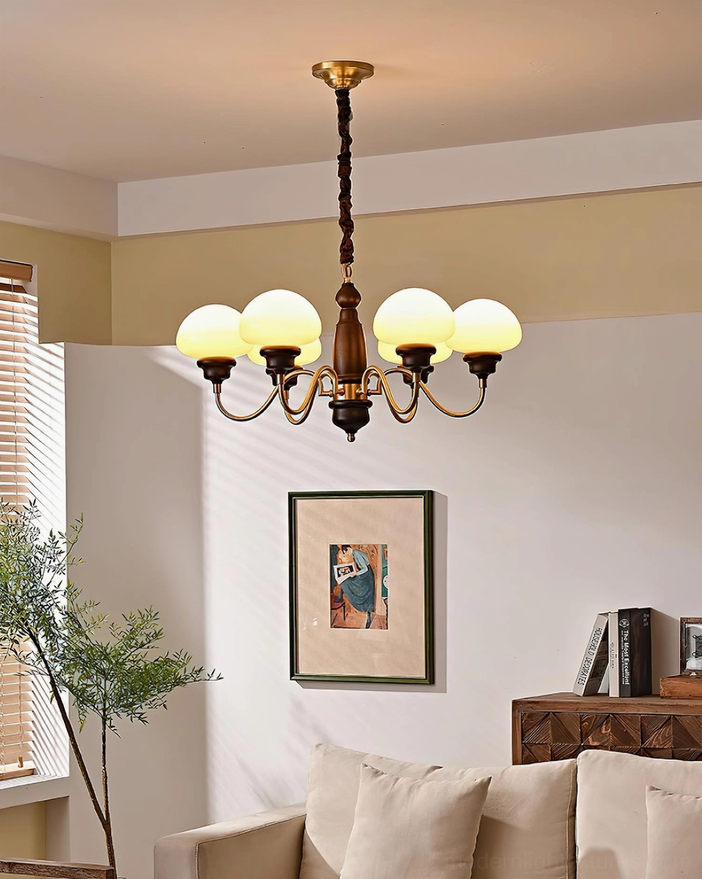 Nonna mushroom chandelier white glass option with walnut wood spiral column