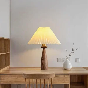 Nora wood table lamp in home study desk setting neutral minimalist workspace